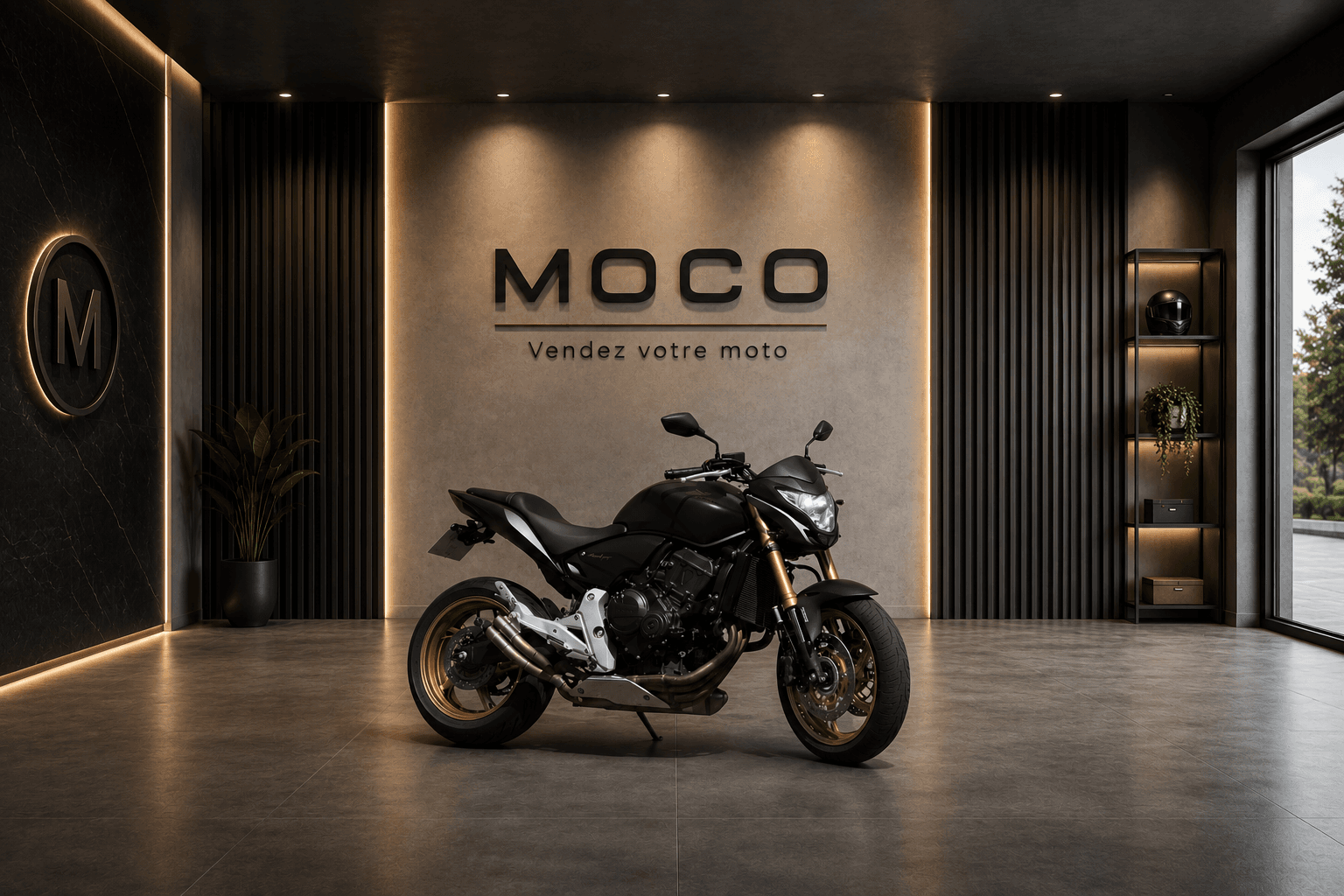 Photo professionnelle d'une moto après retouche IA Moco